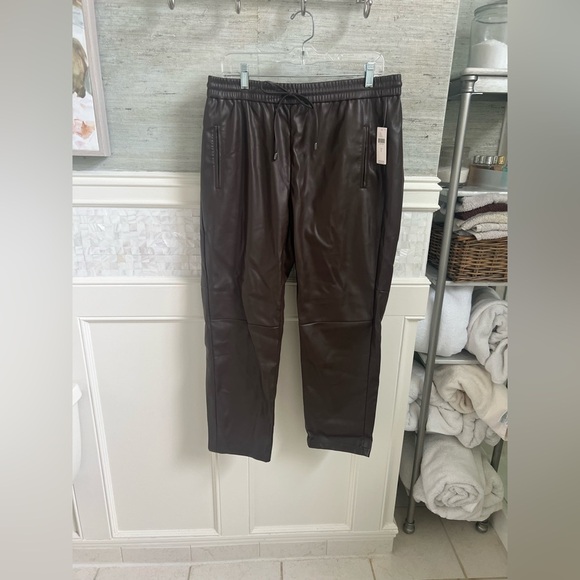 NWT new large Anthropologie sakara faux vegan leather jogger pants cocoa brown - Picture 3 of 17